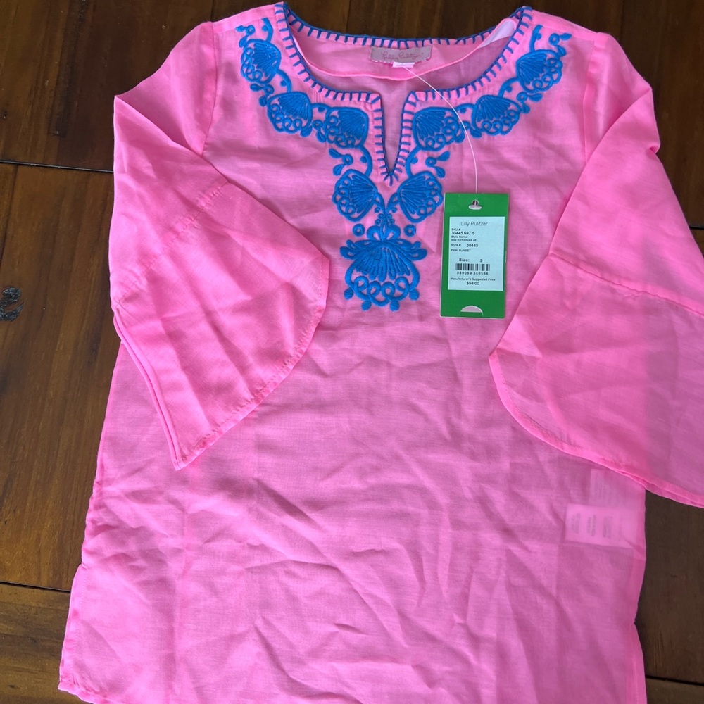 Lilly Pulitzer Pink Swim Cover up with Blue Detailing 4/5
